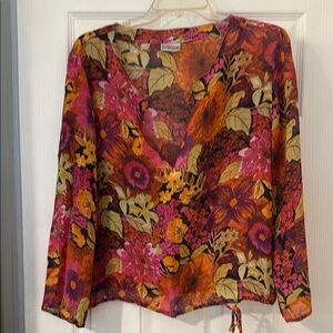 Chico's Red and Pink 3/4 Sleeve Tie Front Blouse